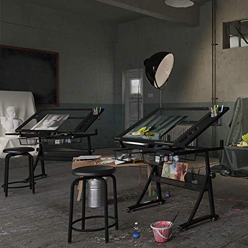 Lgan Drafting Table with Storage, Height Adjustable Tiltable Art Desk, Glass Panel Drawing Desk, for Work Study Painting Craft Table