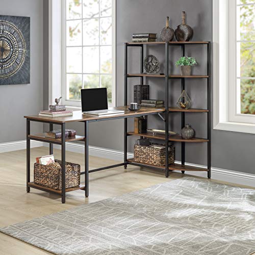 FURLKHY Home Office Computer Desk with 5 Tier Storage Shelves，Large Office Desk Study Writing Table Workstation with Corner Bookshelf and Tower Shelf（Brown）