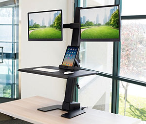 Mount-It! Electric Standing Desk Converter, Motorized Sit Stand Desk with Dual Monitor Mount and iPhone/Tablet Slot, Ergonomic Height Adjustable Workstation, Black (MI-7952)
