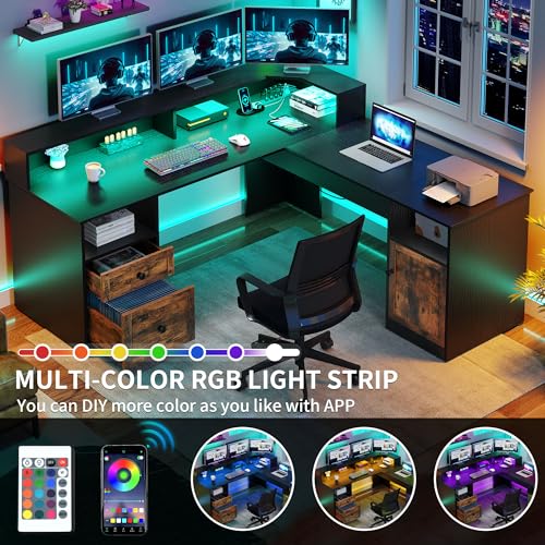 YITAHOME L Shaped Desk with Power Outlets & LED Lights, 60” Corner Computer Desk, Drawers, Lift Top, Monitor Stand, File Cabinet - Black & Brown
