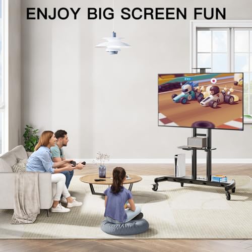 PERLESMITH Mobile TV Stand for 55-90 Inch Flat/Curved Screen TV - Height Adjustable Outdoor TV Cart with AV Shelf - UL Certified - Holds up to 200lbs