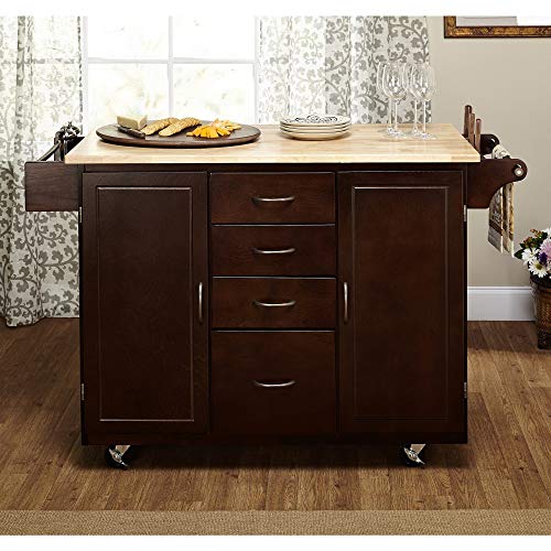 An Attractive Espresso Kitchen Cart That Features a Natural Wood Countertop with Plenty of Storage for Small Kitchens. Mouse Pad Included