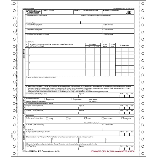 Uniform Hazardous Waste Manifest 500-pk. - Pin-Feed Continuous Format, 5-Ply, Carbonless, Perforated, 9.5" x 11" - Printed on EPA-Approved Registered Printer - J. J. Keller & Associates
