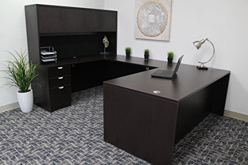 Boss Office Products Holland 71" Executive U-Shape Desk with File Storage Pedestal and Hutch, Mocha