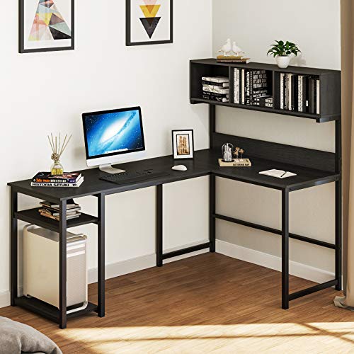 YITAHOME L-Shape Modern Computer Desk with Hutch Storage Bookshelf, 2-Tier Storage Shelves, 69 Inches Corner Writing Gaming Table Workstation for Home Office, Classic Black