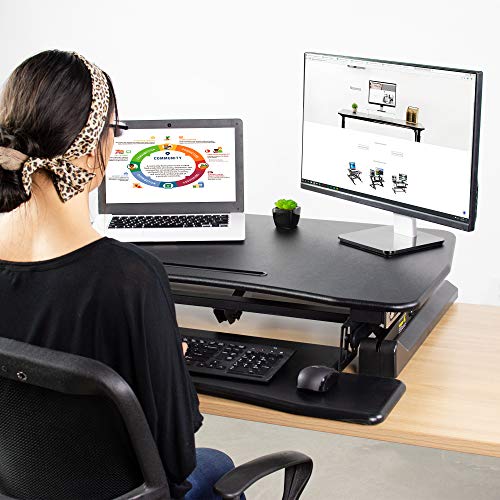 VIVO Black Electric Height Adjustable 36 inch Standing Desk Converter, Sit Stand Tabletop Dual Monitor and Laptop Riser Workstation, DESK-V000EB