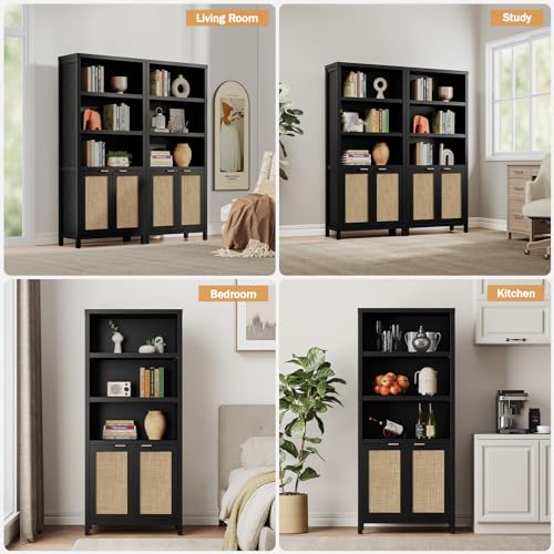 SICOTAS 5 Tier Rattan Boho Bookcase with Doors - Black 2PCS