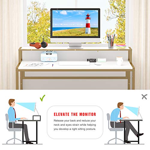 Teraves Computer Desk with 5 Tier Shelves,Reversible Writing Desk with Storage 47 Inch Study Table for Home Office Independent Bookcase and Desk for Multiple Scenes (Desk+Shelves, White+Gold Frame)