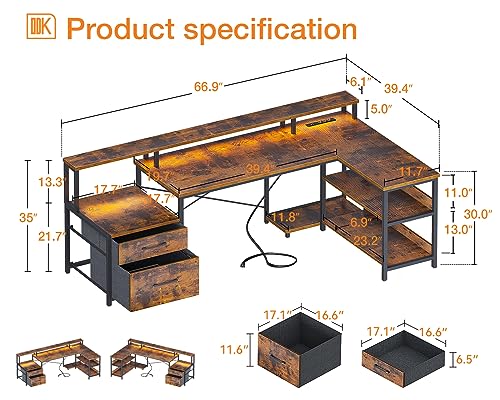 ODK L Shaped Desk with File Drawer, Power Outlet, LED Strip, & Storage Shelves