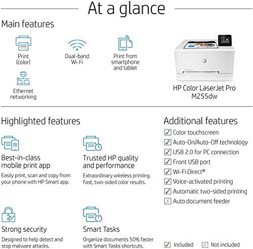 HP Color Laserjet Pro M255dw Wireless Laser Printer-Remote Mobile Print, Auto 2-Sided Printing，22 ppm, 250-Sheet，Compatible with Alexa, White-Bundle with Ahaghug Printer Cable.