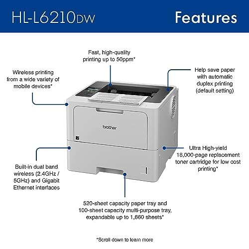 Brother HL-L6210DW Monochrome Laser Printer with Large Paper Capacity, Wireless Networking, Low-Cost Printing, and Advanced Security Features