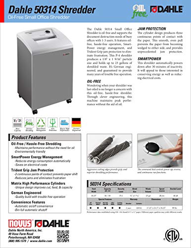 Dahle 50314 Oil-Free Paper Shredder with Jam Protection, SmartPower, German Engineered, 16 Sheet Max, Security Level P-4