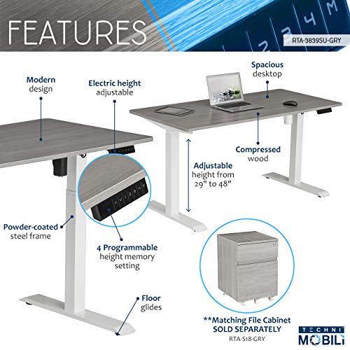 Techni Mobili RTA-3839SU-GRY Automatic Sit to Stand Desk, 59" W x 27.5" D x 48" H, Gray