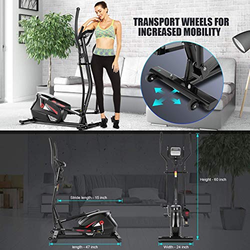 FUNMILY Elliptical Machine, Cross Trainer Cardio Fitness Equipment with 10 Level Magnetic Resistance, LCD Monitor, 390 LBs Max Weight for Home Gym Use (EM530) (Black)