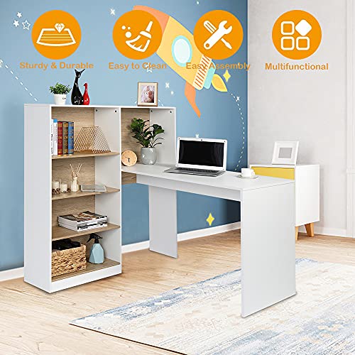 L Shaped Home Office Desk, Computer Desk, Corner Desk with 4-Tier Storage Shelves Study Writing Table for Home Office, Modern Simple Style