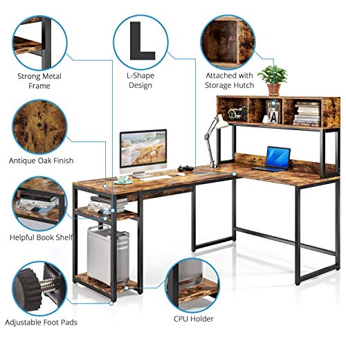 VIPEK L-Shaped Desk with Hutch, 69" Large Computer Desk Gaming Table PC Table Workstation Study Writing Table with Storage Bookshelf, Space Saving Corner Desk for Home Office, Antique Oak
