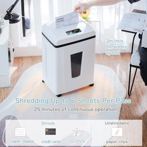Kitnery Micro Cut Paper Shredder: High Security Heavy Duty Shredder for Home Office, 6 Sheets, 56dB, 6 Gal Bin