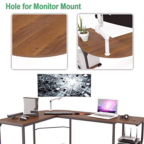 Teraves Reversible L Shaped Desk with Shelves Round Corner Computer Desk Gaming Table Workstation for Home Office