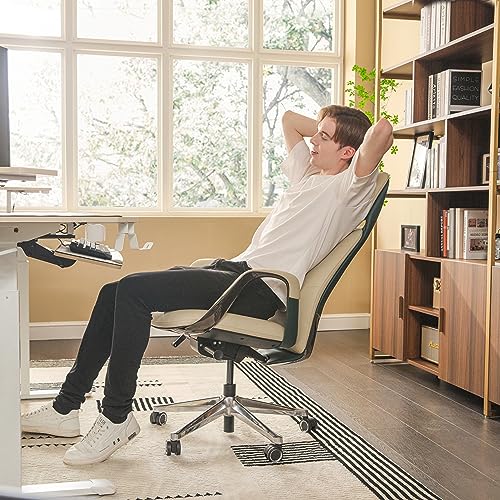EUREKA ERGONOMIC Genuine Leather High Back Office Chair with Arms & Aluminum Base, Beige