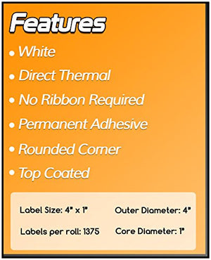OfficeSmartLabels – 4" x 1" Direct Thermal Labels - Compatible with Zebra & Rollo Desktop Label Printers and More – 1” Core, Permanent Adhesive & Perforated [50 Rolls, 68750 Labels]