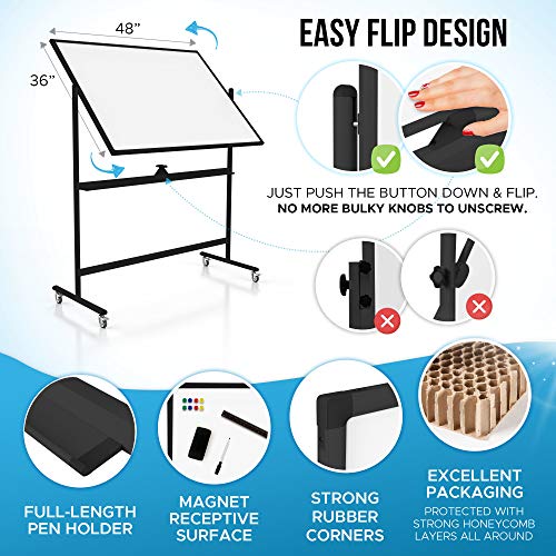 Large Black Mobile Rolling Whiteboard on Wheels: Stain Resistant Technology - 48x36 - Includes Big Flipchart Pad and Other Accessories - Portable Double Sided Dry Erase Magnetic White Board with Stand