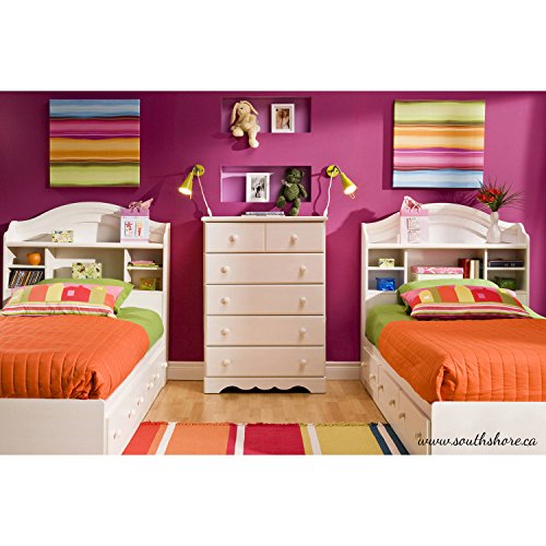 White Wash 39'' Twin Size Bookcase Headboard, Country Style, 5 Storage Spaces, Made from Laminated Particle Board, Rounded Shape, Bundle with Our Expert Guide with Tips for Home Arrangement