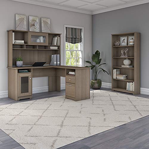 Bush Furniture Cabot L Shape Desk with Hutch and 5 Shelf Bookcase, 60W, Ash Gray
