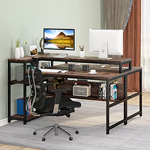 Tribesigns Two Person Desk Double Workstation with Bookshelf,47 x 59 Extra Large Face to Face 2 Person Computer Desk with Monitor Stand Shelf & Storage Shelves, Office Study Table,Rustic & Black