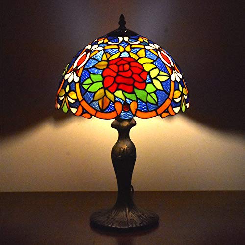 MaGiLL Tiffany Style Vintage Desk Lamp 12" Wide Stained Glass Floral Pattern - Ideal for Bedrooms, Living Rooms, and Study - E26/E27 Socket