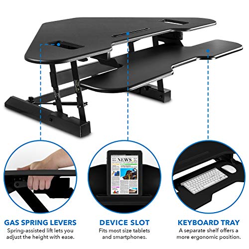 Mount-It! Corner Standing Desk Converter | Height Adjustable 48” Wide Desktop | Corner Stand Up Desk with Gas Spring Handle | Stand Up Computer Workstation with Ergonomic Keyboard Tray | Black