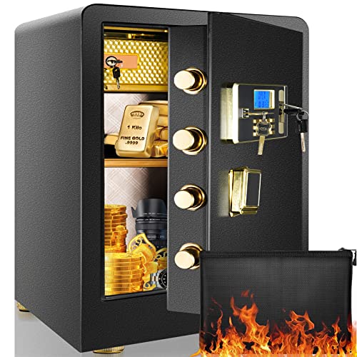 ETE ETMATE 4.0 Cub Large Safe Box Fireproof Waterproof, Digital Home Safe with Fireproof Document Bag, Double Safety Key Lock and LCD Screen, Built In Cabinet Box, Removable Shelf, LED Light, Money Safe for Home Office Hotel (Black, US STOCK)