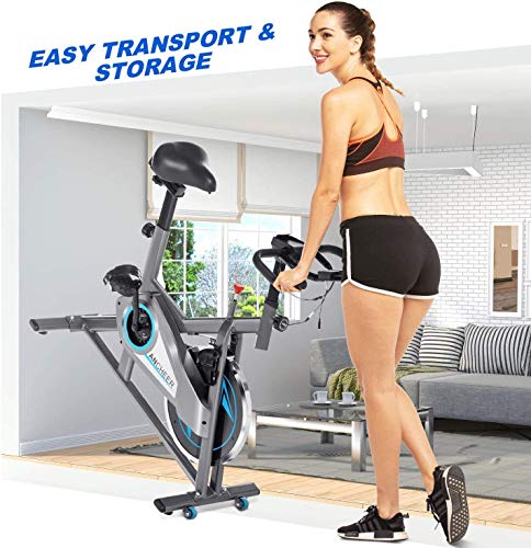 ANCHEER Stationary Exercise Bike, Indoor Cycling Bike Belt Drive system with APP, Adjustable Resistance, Heart rate sensor bar, Phone Holder, Comfortable Cushion, Quiet for Home Gym Cardio Exercise