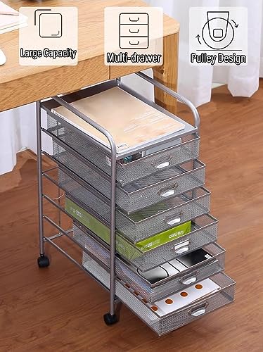 WAHHWF Rolling File Cabinet with Drawers, Metal Mesh Craft Cart Organizer with Wheels - Silver, 9 Drawers