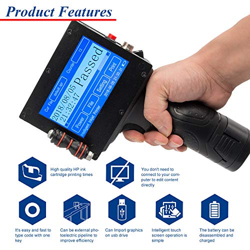Handheld Portable Printer Portable Intelligent High Definition Handheld Inkjet Printer Gun Handheld Smart Date Coder Inkjet Printer LED Screen Display Ink Coding Machine for Trademark, Logo, Graphic,