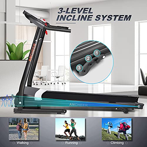 ANCHEER Folding Treadmill with Smartphone Sports APP, 3 Levels Manual Incline, 2.25HP Motor Allows for 0.5-7.5 MPH, 12 Preset Programs, Easy Assembly Exercise Machine for Home Gym Office