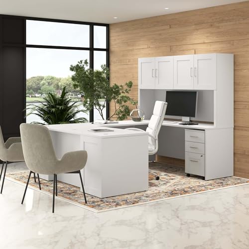 Bush Business Furniture Hampton Heights 72W x 30D U Station with Hutch, 3 Drawer Mobile File Cabinet in White