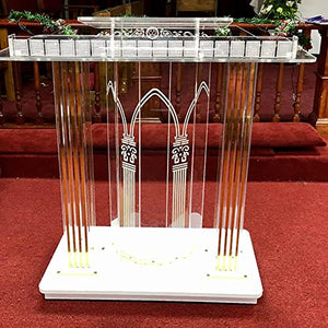 None Clear Acrylic Church Pulpit Podium with Rolling Table Top - Mobile Stand Up Desk for Churches and Classrooms