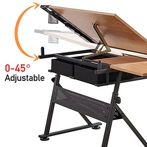 None Adjustable Drawing Table with Tiltable Tabletop and 2 Drawers/Stool