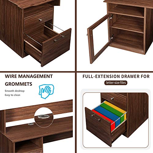 Home Office L-Shaped Desk with Hutch and Glass Doors, Writing Workstation with Storage Shelves and File Cabinet for Home Office | Bookshelf Dual Positioning Options (Brown)