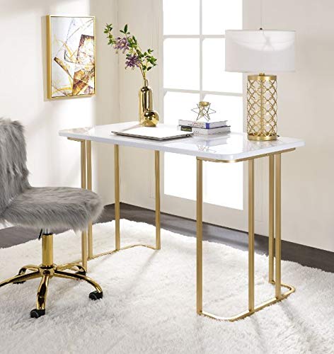 Knocbel Contemporary Computer Desk Home Office Workstation Writing Table with Metal Tube Base, 48" L x 24" W x 31" H (White and Gold)