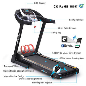 ANCHEER Folding Treadmill for Home Use, 2.25HP Electric Running, Jogging & Walking Machine with Bluetooth APP & Pulse Sensor, 2-Level Incline Adjustable 12 Preset Programs Compact Foldable