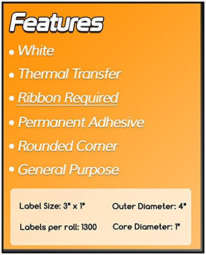 OfficeSmart Labels ZT1300100-3 x 1 Inch Ribbon Required Thermal Transfer Labels, Compatible with Zebra Printers (20 Rolls, White, 1300 Labels Per Roll, 1 inch Core)