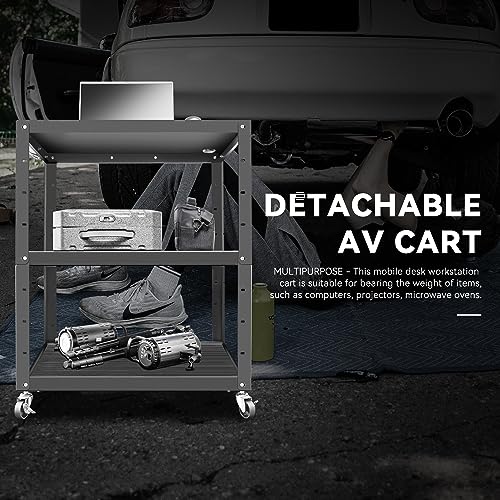 Auto Dynasty Universal Adjustable-Height AV Rolling Storage Cart with Power Strip, 3 Outlets, 35"x24-42"x25", Black