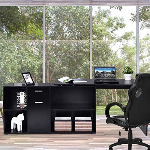 Tangkula L Shaped Desk Corner Desk, Home Office Wood Computer Workstation, Space Saving Computer Desk with Spacious Wooden Surface, Storage Shelves