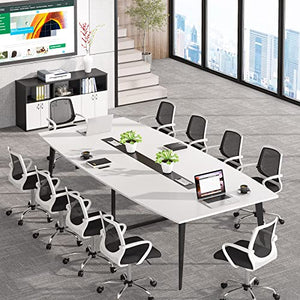 Tribesigns 8FT Boat Shaped Conference Table with Grommet - White & Black, Modern Office Meeting Table