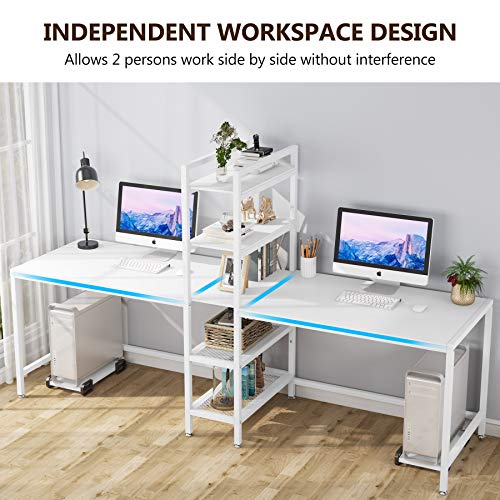 Tribesigns Two Person Computer Desk with Bookshelf, 89 Inches Office Double Desk with 2 CPU Stands, Rustic Writing Desk Workstation Table with Shelves for Home Office for Two Person (White)