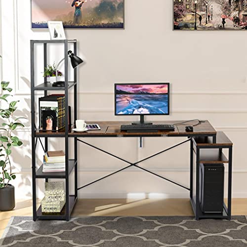 HGJG 47" Computer Desk with Storage Shelves, Multipurpose Writing Drawing Tower Desk, 5-Tiers Shelves, Cable Hole & Host Shelf, Classic Black Frame Home Office Desk Gamer Workstation (Brown)