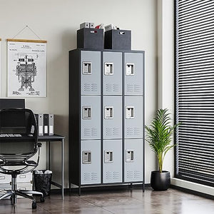 Letaya Metal Lockers for Employees - 9 Door Storage Locker with Shelves and Lockable Steel Cabinet - Black & Gray, 9 Door