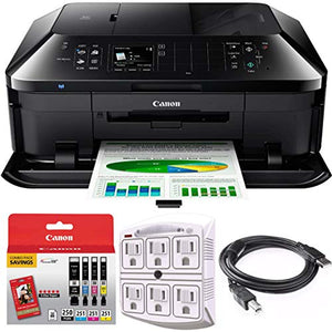 Canon PIXMA MX922 Wireless Inkjet Office All-in-One Printer Bundle with PGI-250 Pigment Black XL Ink Tank, 6-Outlet Surge Adapter with Night Light, 6ft USB Printer Cable and 1 Year Extended Warranty