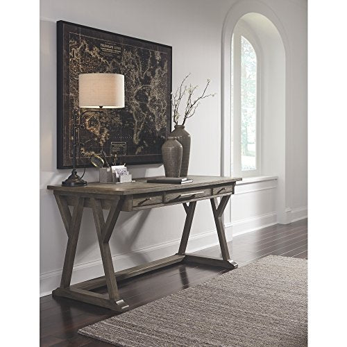 Ashley Furniture Signature Design - Luxenford Large Home Office Desk - Casual - 3 Drawers/Faux Bluestone Inset Top - Grayish Brown Finish - Brushed Nickel Hardware